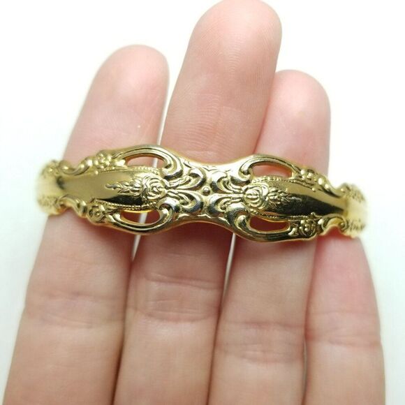 Vintage Gold Tone Cuff Bangle Bracelet, Spoon Handle Style Design, Estate - Picture 2 of 6